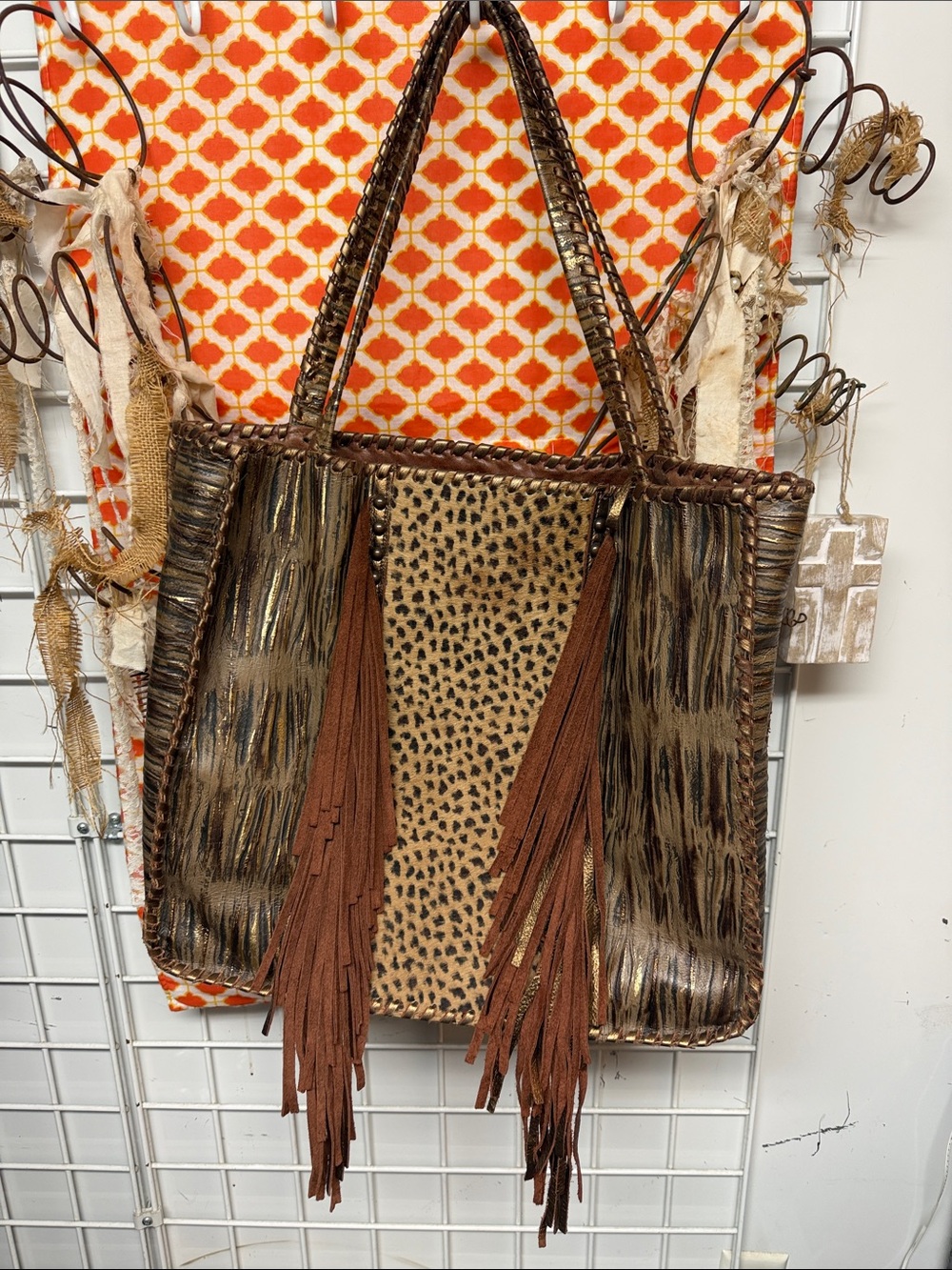 Leopard-Accent Brown Fringe Tote Bag